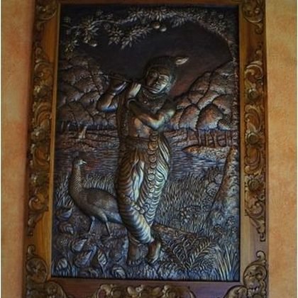 Framed carved relief panel, Hale Krishna, Waimanalo