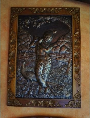 Framed carved relief panel, Hale Krishna, Waimanalo