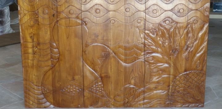 Deeply carved timber panel, Keauhou Bay Residence, Hawaii Island
