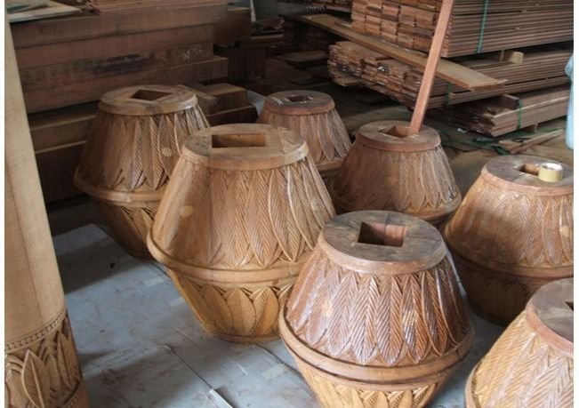 Stacked carved timber vessels waiting to ship, Mauna Lani Residence, Hawaii Island