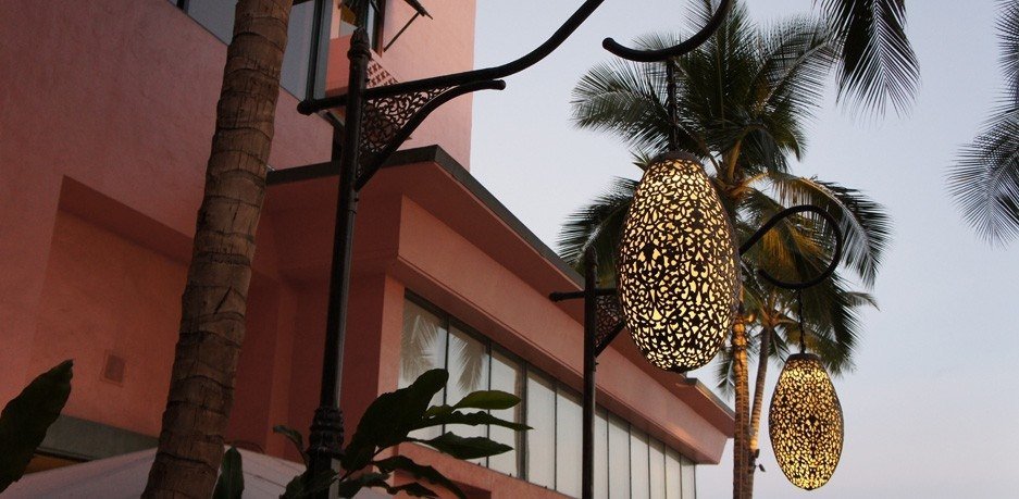 Pierced pendant lanterns among palms, Royal Hawaiian Hotel, Waikiki